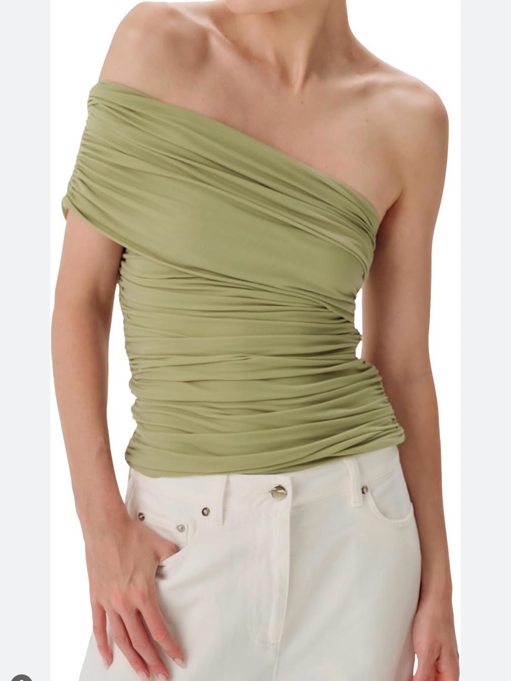 Ronny Kobo Ranada Off-Shoulder Ruched Tank Top In Pistachio